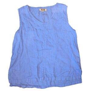 FLAX Linen V Neck Tank Top Womens Medium‎ Blue Lagenlook Boho